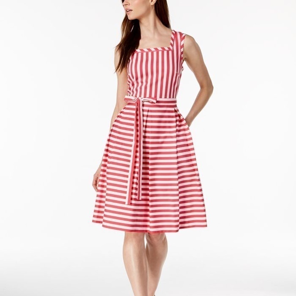 Anne Klein Women's Square Neck Striped Self Belted Fit & Flare